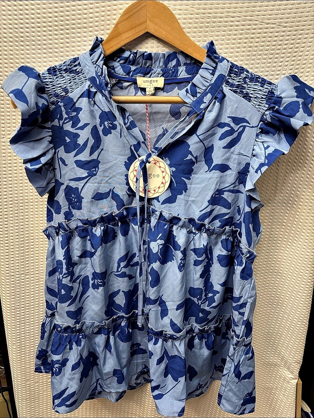 Umgee Floral Ruffle Dress in Blue & White Size Medium (8) NWT